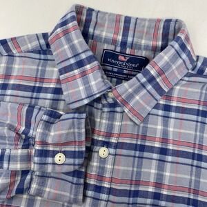 Vineyard Vines‎ Longshore Shirt Mens Medium Blue Pink Plaid Slim Cotton Linen
